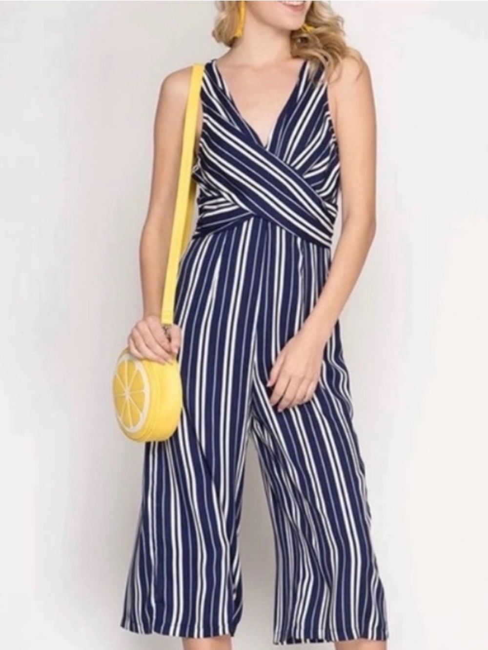 Super cute Candies wide leg jumpsuit. Navy with white vertical stripes.